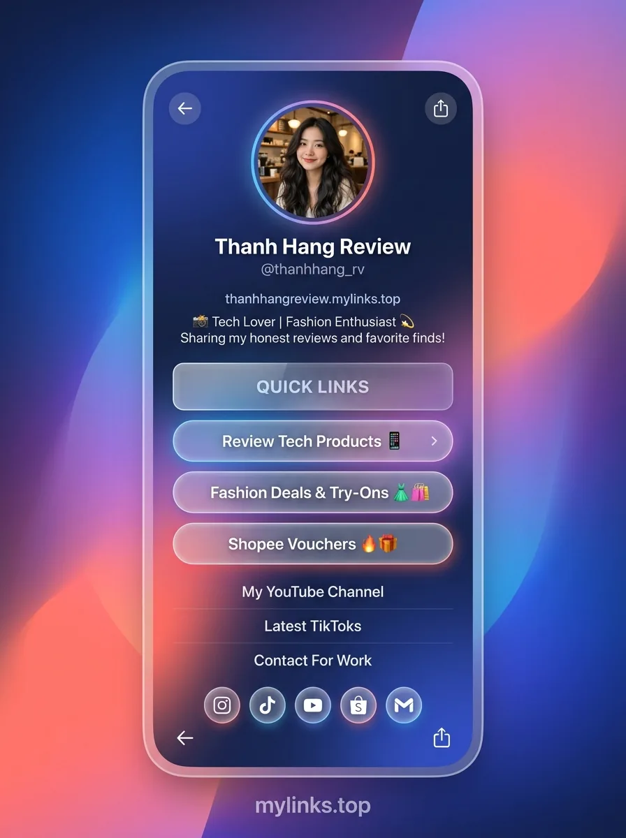 Mô phỏng giao diện trang Bio Link TikTok cá nhân hóa với tên miền thanhhangreview.mylinks.top