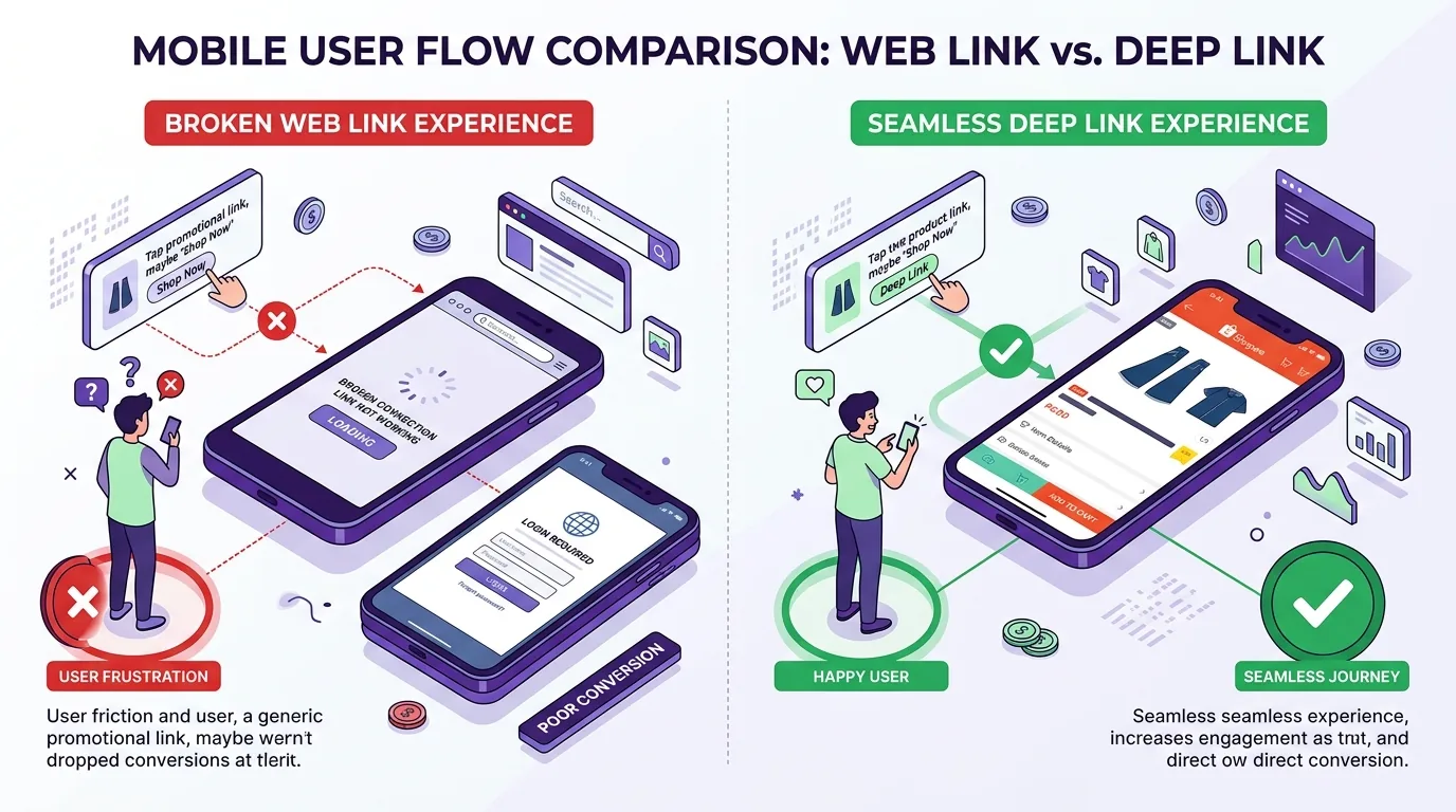 Sơ đồ so sánh chuyển hướng link thô bị giữ ở trình duyệt in-app vs Deep Link Universal Redirect mở mượt App Shopee