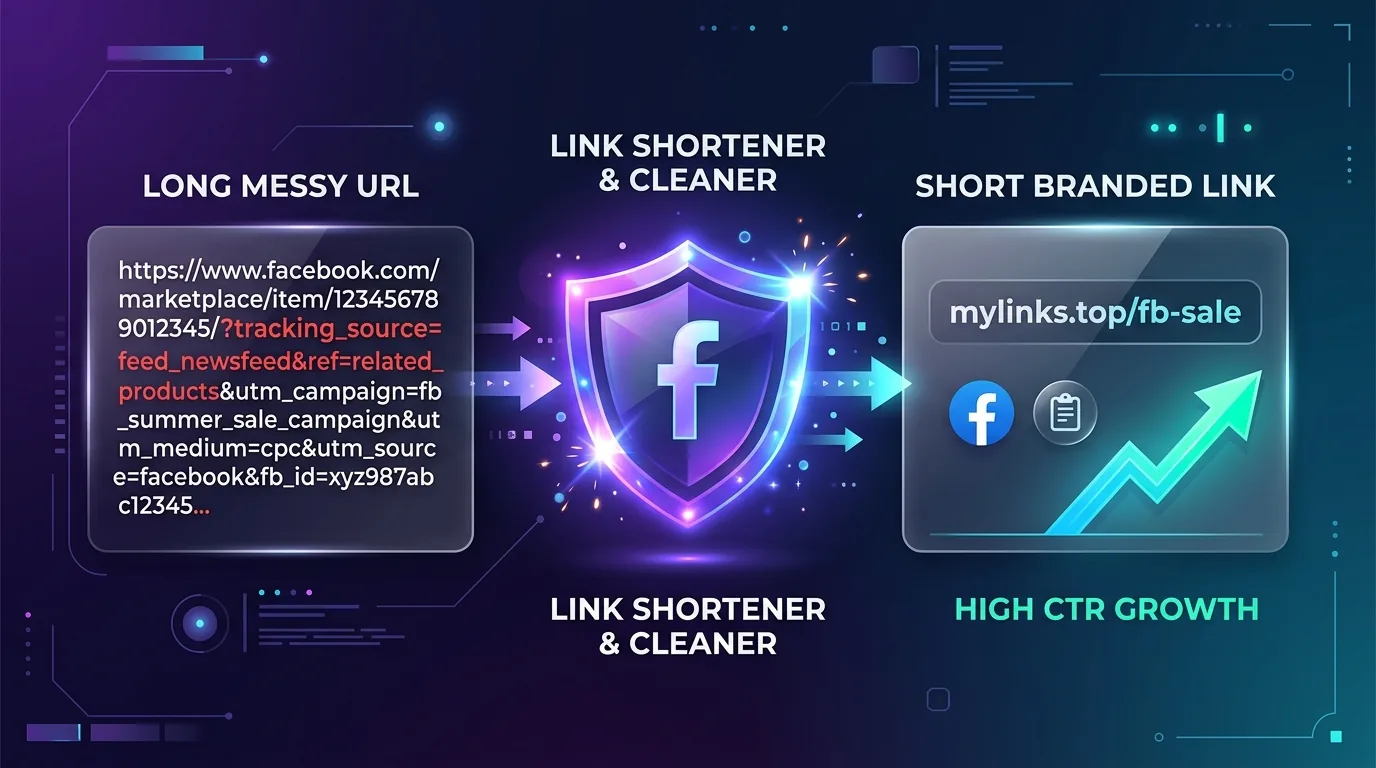 Mô phỏng quy trình rút gọn link Facebook dài chứa mã tracking rác thành link ngắn gọn mylinks.top/fb-sale chuẩn thương hiệu