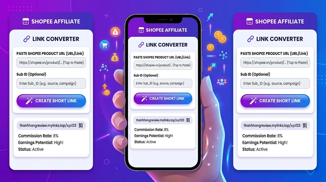 Mô phỏng công cụ rút gọn link Shopee Affiliate có gắn Sub_ID và tên miền cá nhân tại MyLinks.top